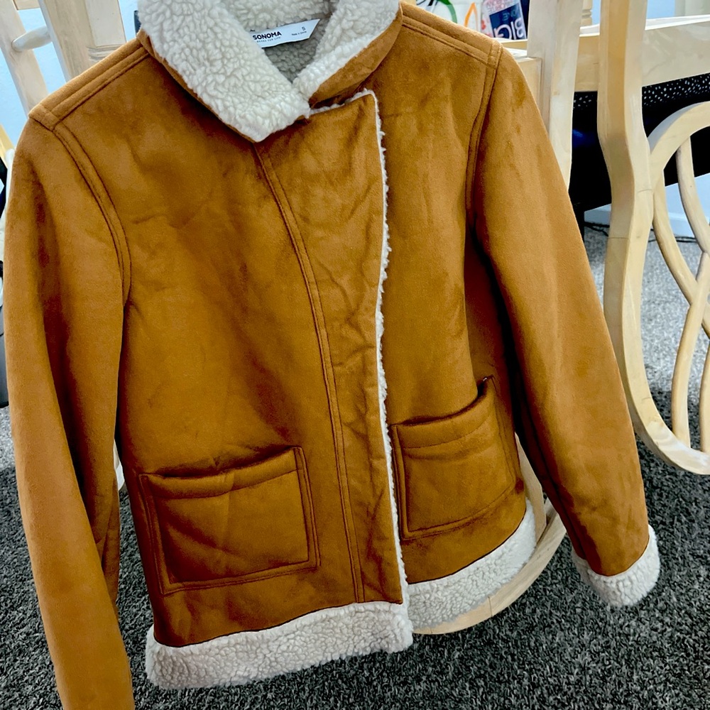 Small Sonoma brand tan and white faux suede jacket. Brand new